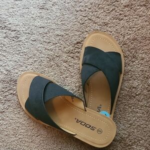 Soda Black Crisscross Slide Sandals with Tan Footbed